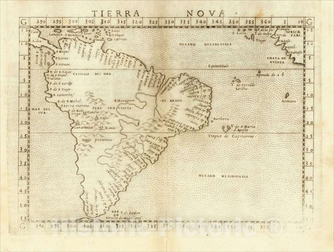 Historic Map : Tierra Nova [South America], 1561, Girolamo Ruscelli, Vintage Wall Art