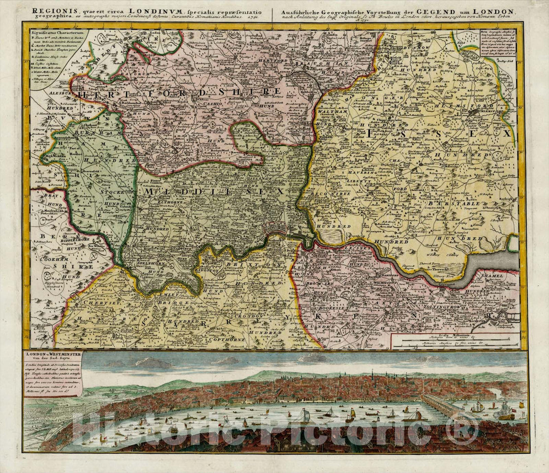 Historic Map : Regionis, quae est circa Londinum specialis repraesentatio geographica [Includes Birdseye View of London and Westminster], 1741, Homann Heirs, Vintage Wall Art