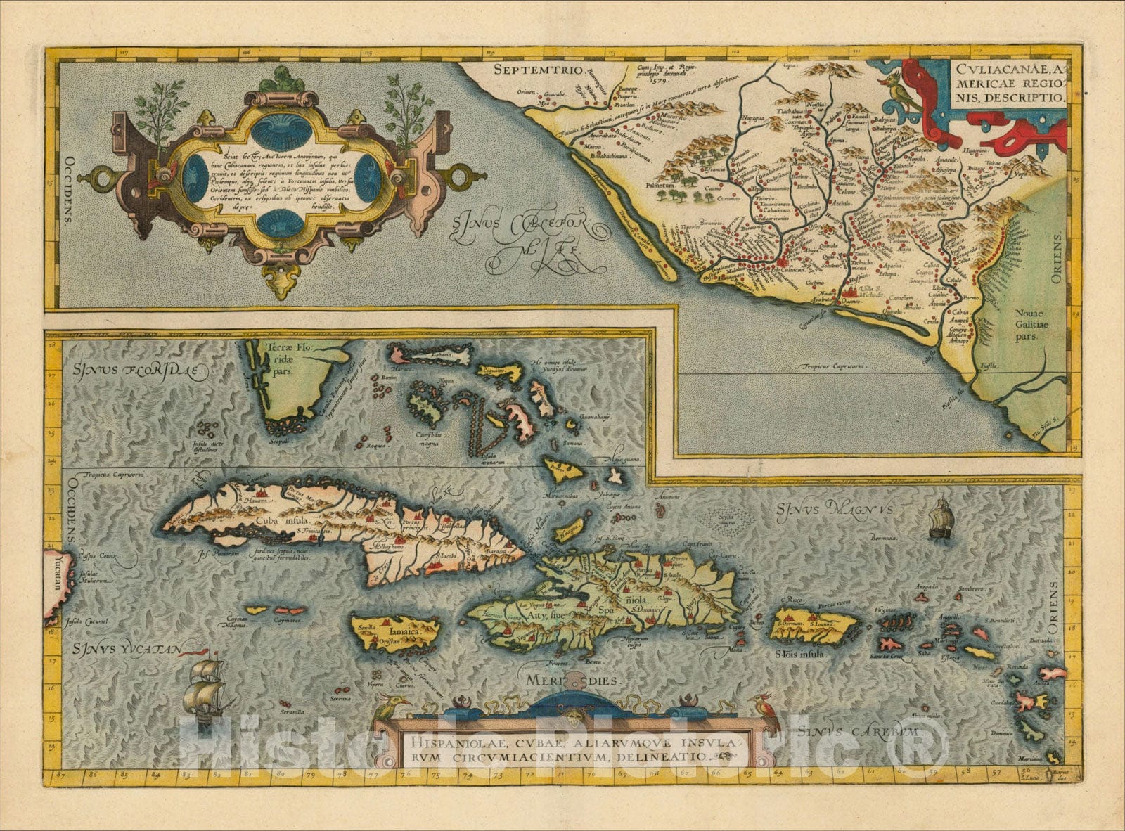 Historic Map : Culiacanae, Americae Regionis, Descriptio with Hispaniolae, Cubae, Aliarumqe Insualrum Circumiacientium Delineatio, 1579, , Vintage Wall Art