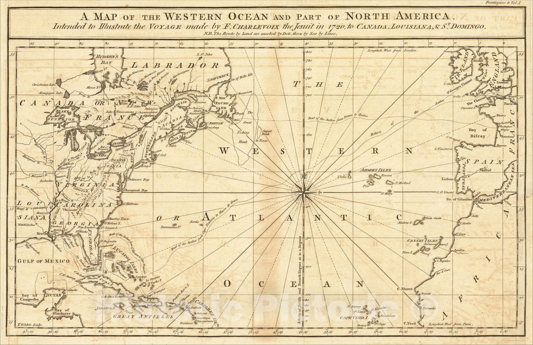 Historic Map : A Map of the Western Ocean and Part of North America, 1761, Pierre Francois Xavier de Charlevoix, Vintage Wall Art