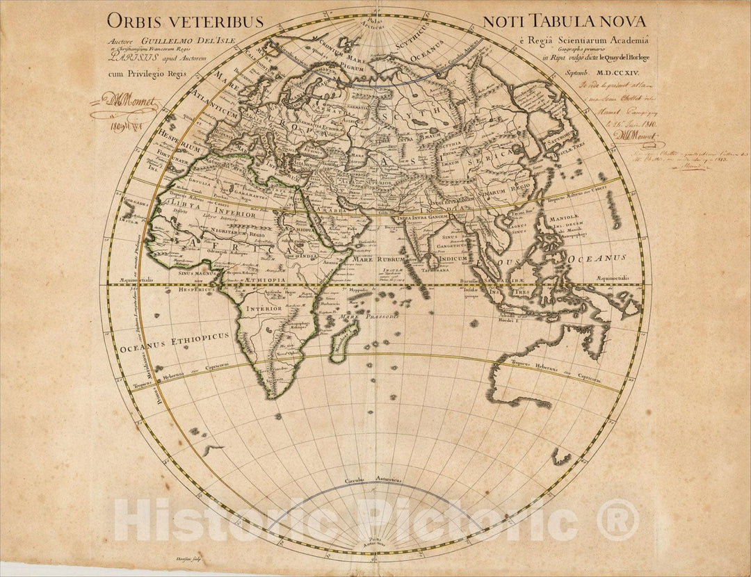 Historic Map : Orbis Veteribus Noti Tabula Nova, Sept. MDCCXIV (with early manuscript annotations), 1714, Guillaume De L'Isle, Vintage Wall Art