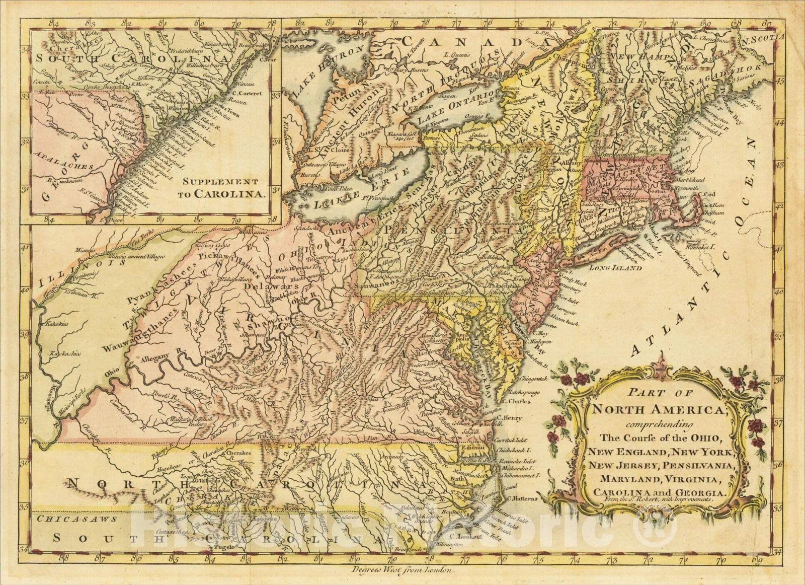 Historic Map : Part of North America; Course of the Ohio, New England, New York, New Jersey, Pensilvania, Maryland, Virginia, Carolina and Georgia, 1759, Vintage Wall Art