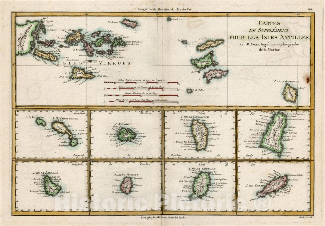 Historic Map : Cartes De Supplement Pour Les Antilles [Virgin Islands], 1787, Rigobert Bonne, v1, Vintage Wall Art