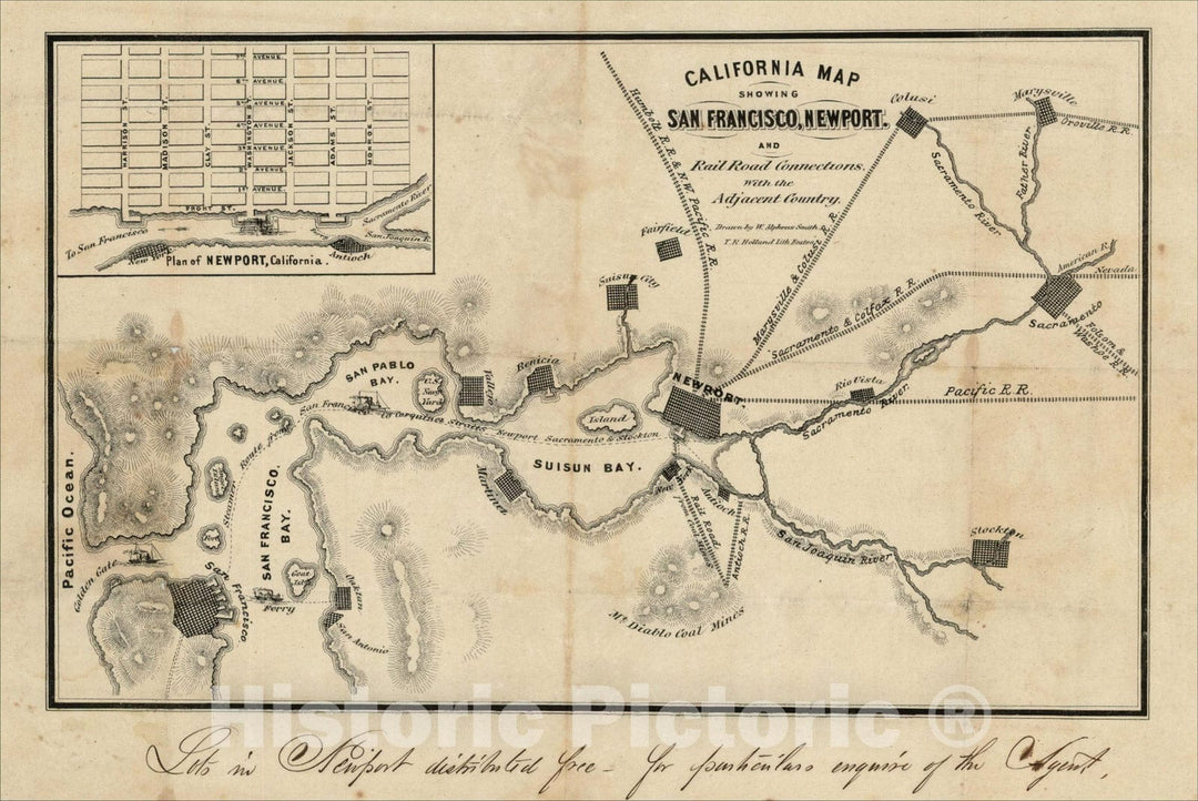 Historic Map : California Map showing San Francisco, Newport and Rail Road Connections. Wiuth the Adjacent Country, 1868, W Alpheus Smith, Vintage Wall Art