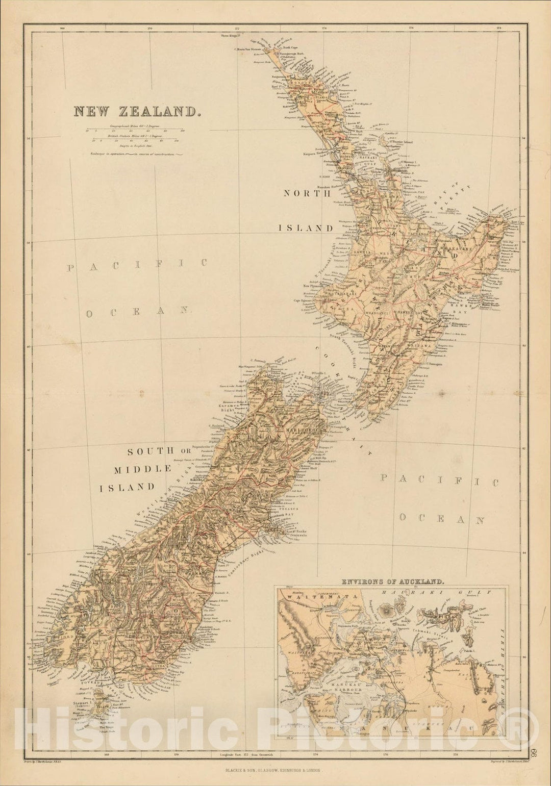 Historic Map : New Zealand (with Environs of Auckland), c1860, Blackie & Son, v1, Vintage Wall Art