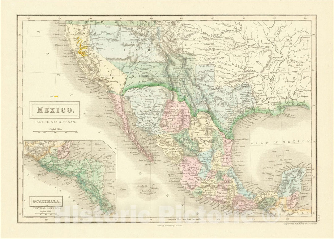 Historic Map : Mexico, California & Texas, 1852, Adam & Charles Black, Vintage Wall Art