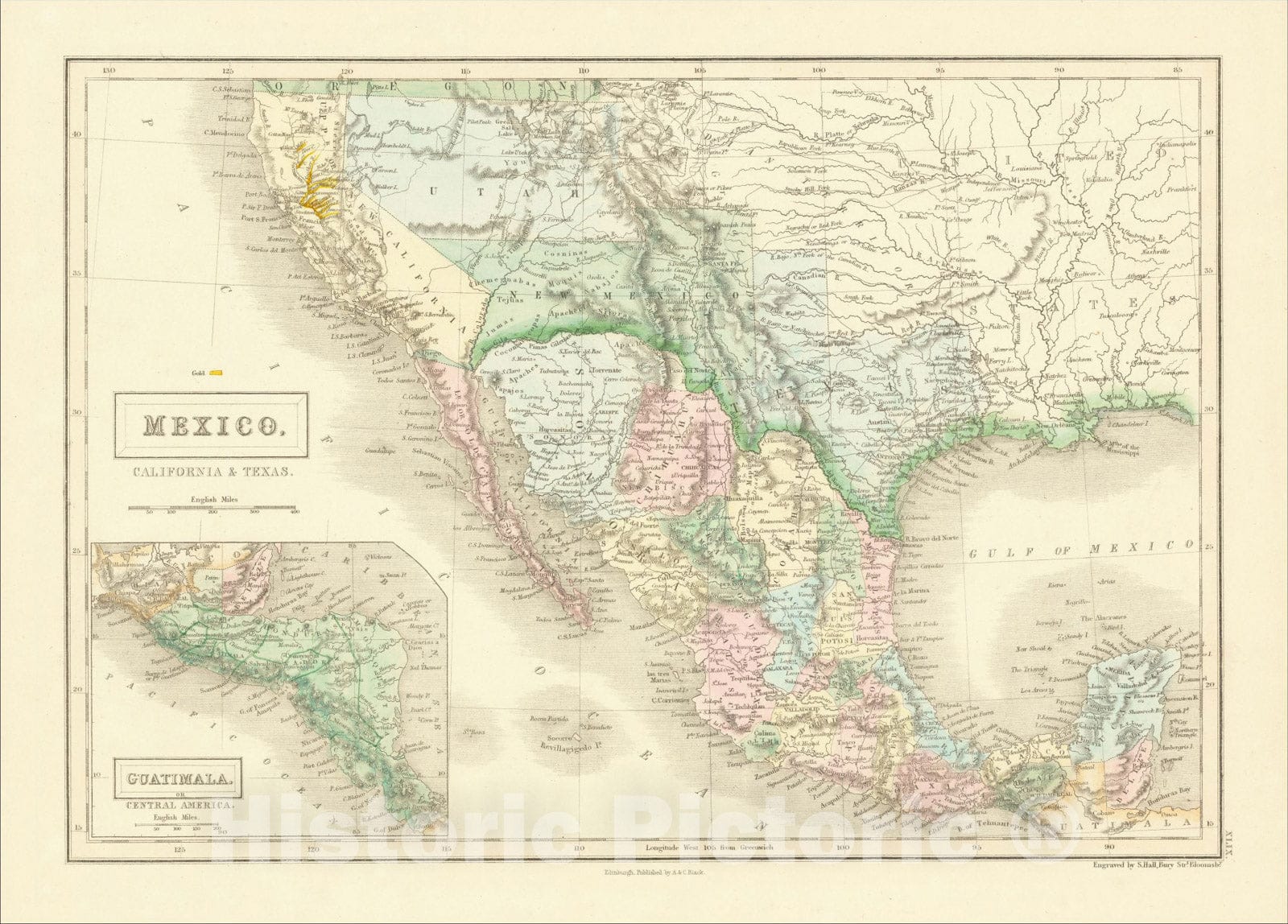 Historic Map : Mexico, California & Texas, 1852, Adam & Charles Black, Vintage Wall Art