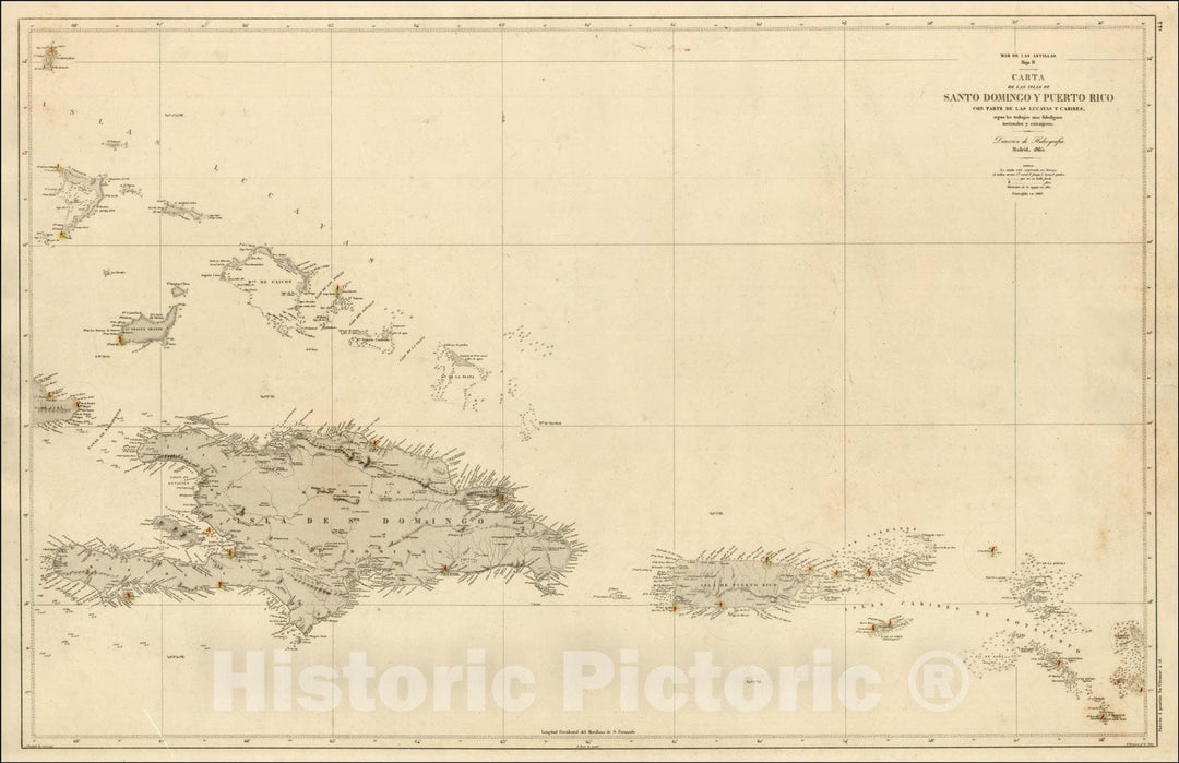 Historic Map : Carta De Las Islas De Santo Domingo y Puerto Rico Con Parte De Las Lucayas Y Caribes, 1867, Direccion Hidrografica de Madrid, Vintage Wall Art