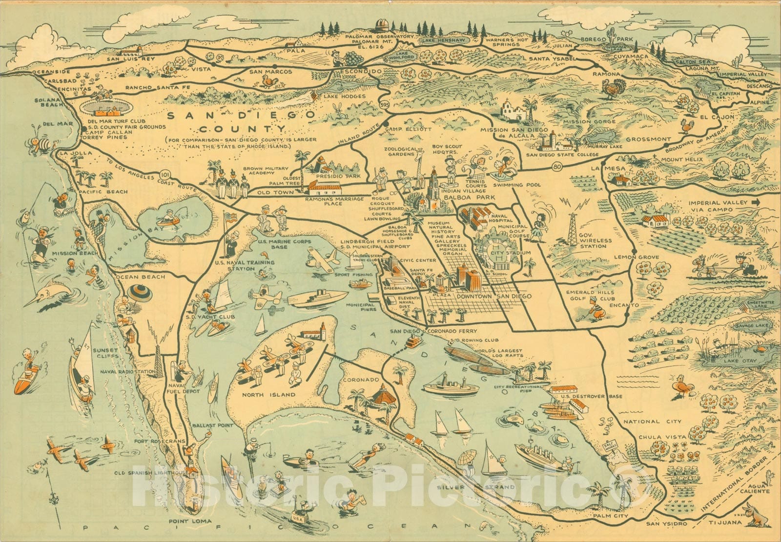 Historic Map : Recreational Map of San Diego City and County, Compiled and Copyrighted By Lowell E. Jones , 1935, Lowell E. Jones, Vintage Wall Art