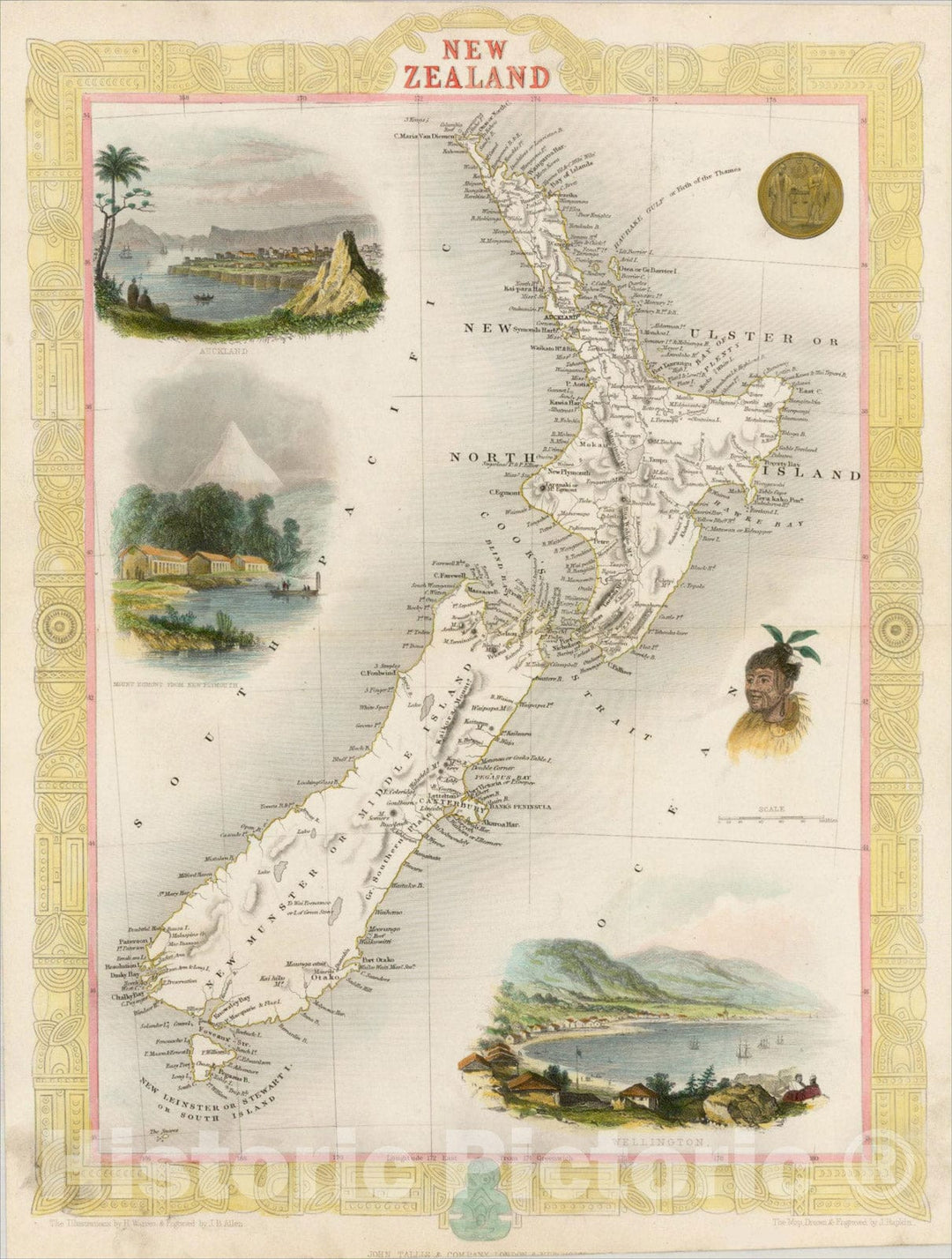 Historic Map : New Zealand, 1851, John Tallis, v1, Vintage Wall Art