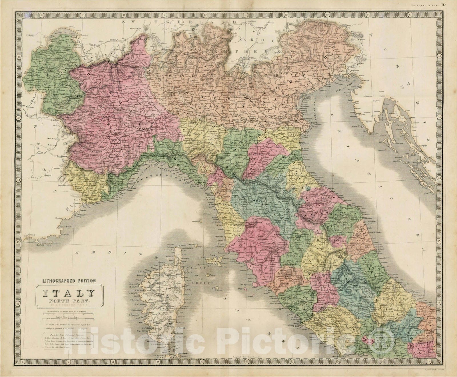 Historic Map : Italy North Part. [Includes Corsica], 1849, W. & A.K. Johnston, Vintage Wall Art