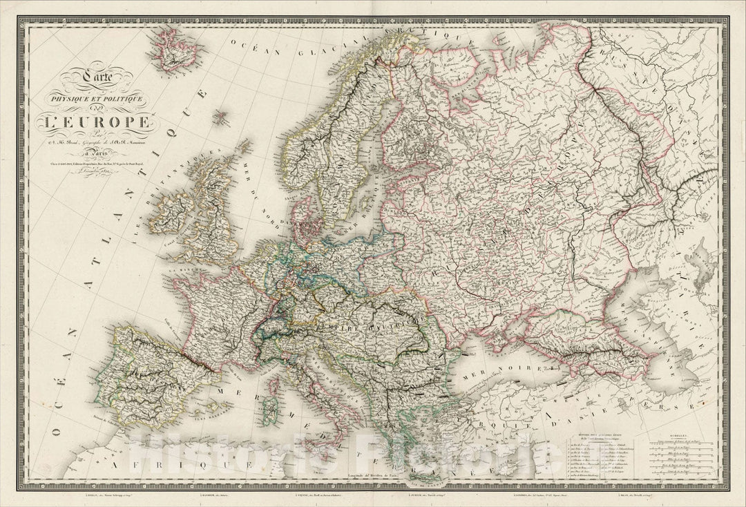 Historic Map : Carte de Physique et Politique de L'Europe, 1821 (with contemporary manuscript annotations), 1821, , Vintage Wall Art