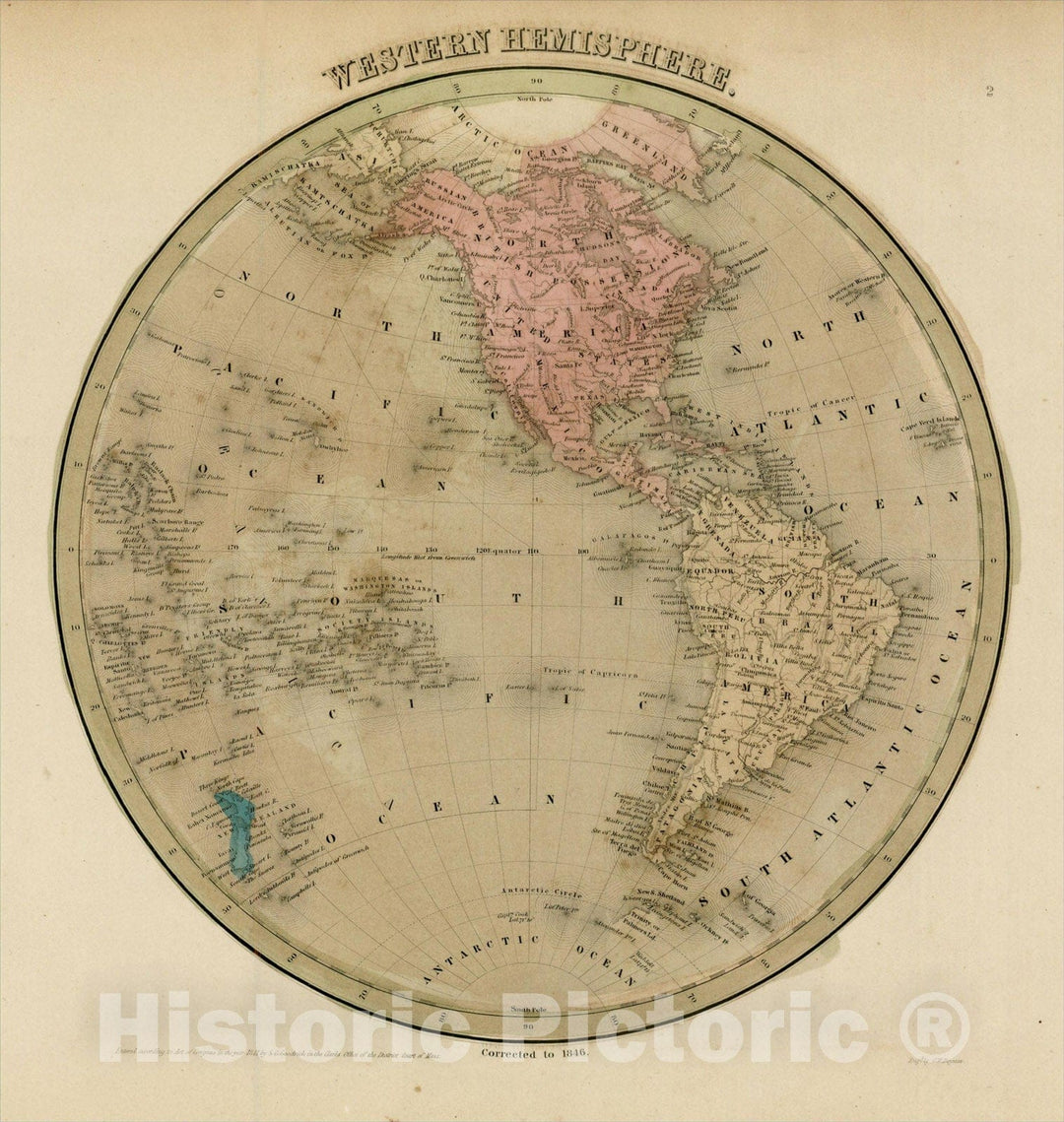 Historic Map : Western Hemisphere [Republic of Texas], 1846, Thomas Gamaliel Bradford, Vintage Wall Art