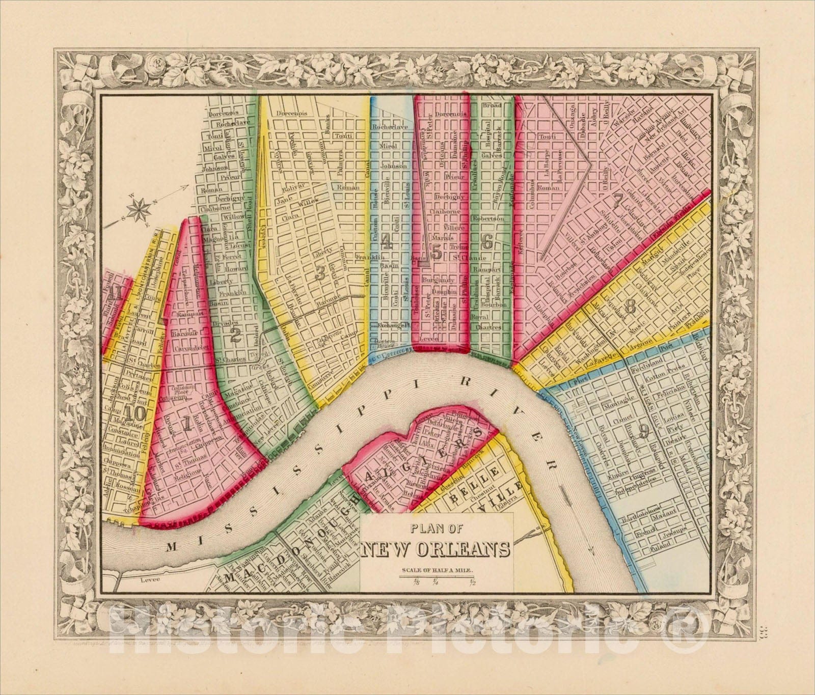 Historic Map : Plan of New Orleans, 1862, Samuel Augustus Mitchell Jr., Vintage Wall Art