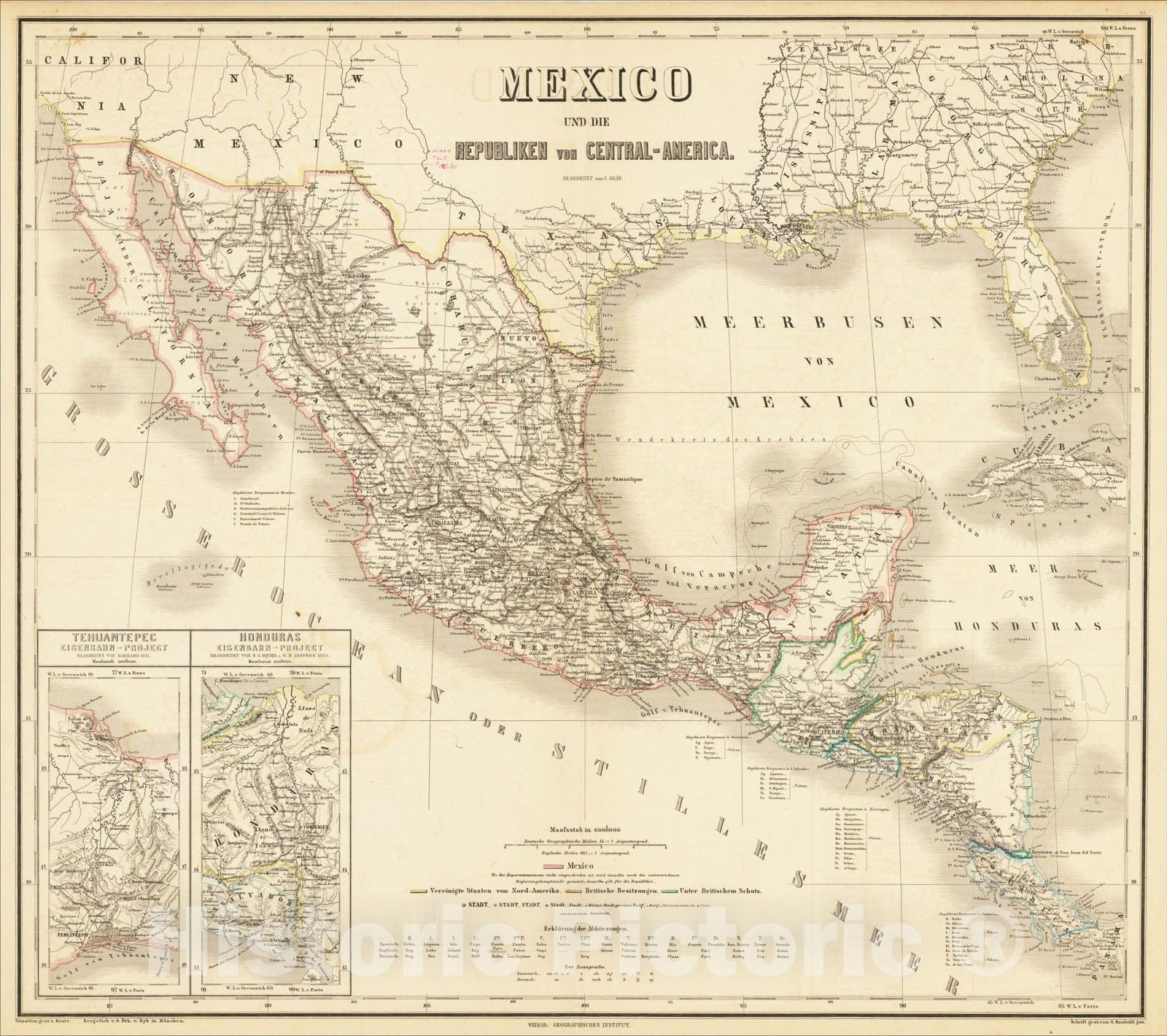 Historic Map : Mexico und die Republiken von Central-America, 1860, Weimar Geographische Institut, Vintage Wall Art