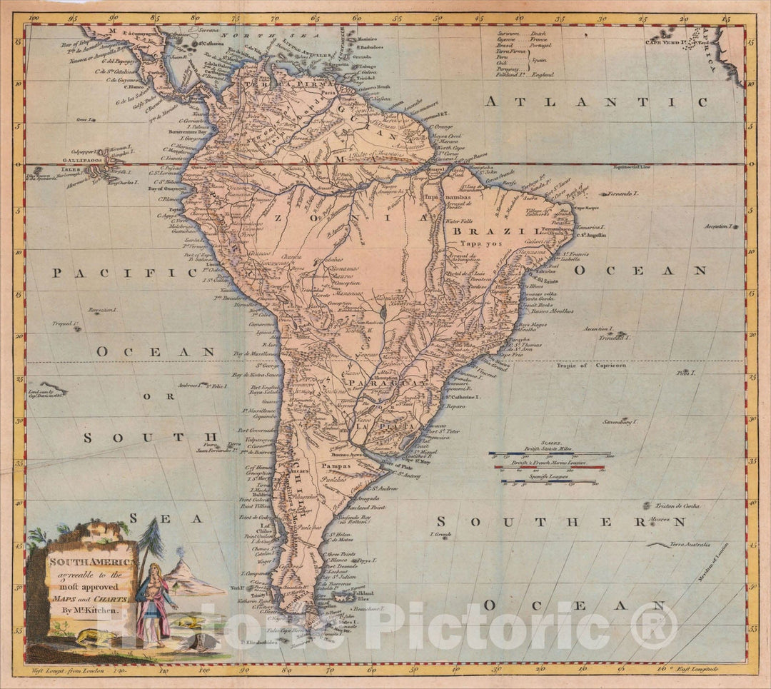 Historic Map : South America agreeable to the most approved Maps and Charts, By Mr. Kitchen, 1794, George Augustus Baldwyn, Vintage Wall Art