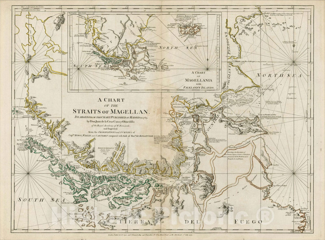 Historic Map : A Chart of the Straits of Magellan Inlarged from the Chart Published at Madrid in 1769 by Don Juan de la Cruz Cano y Olmedilla, 1776, , Vintage Wall Art