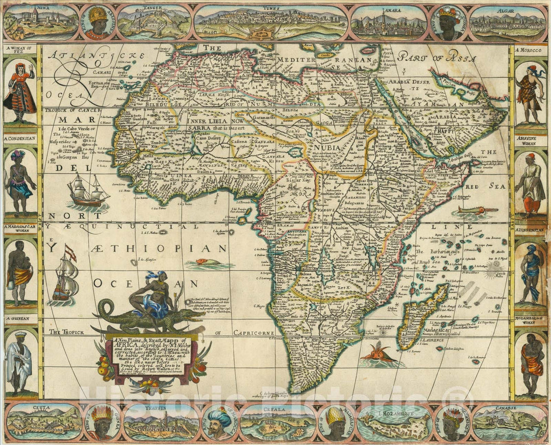 Historic Map : A New, Plaine, & Exact Mapp of Africa, c1658, Robert Walton, Vintage Wall Art