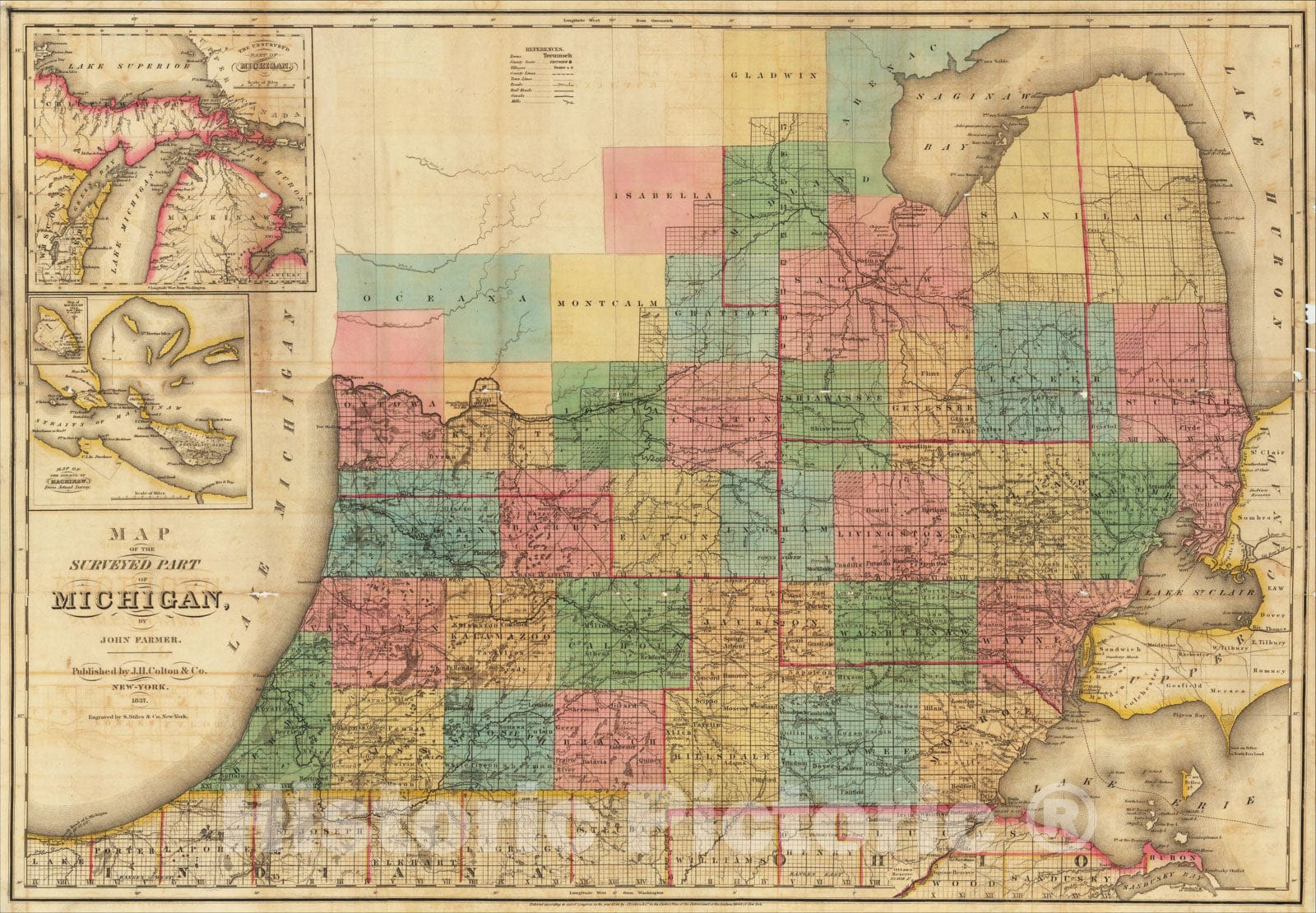 Historic Map : Map of the Surveyed Part of Michigan. By John Farmer 1837, 1837, John Farmer, Vintage Wall Art