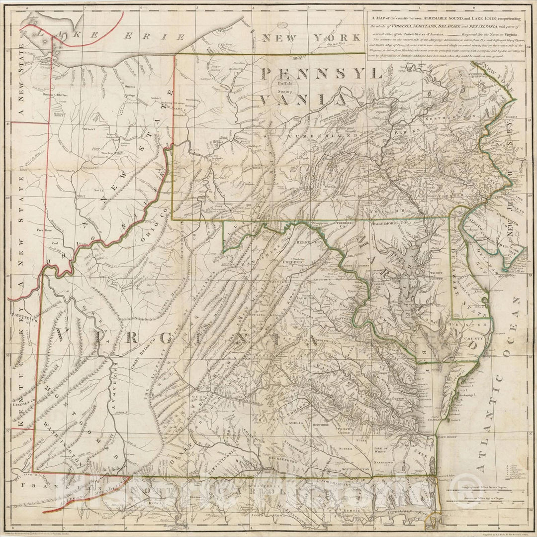 Historic Map : A Map of the country between Albemarle Sound, and Lake Erie, comprehending the whole of Virginia, Maryland, Delaware and Pensylvania, 1787, Vintage Wall Art