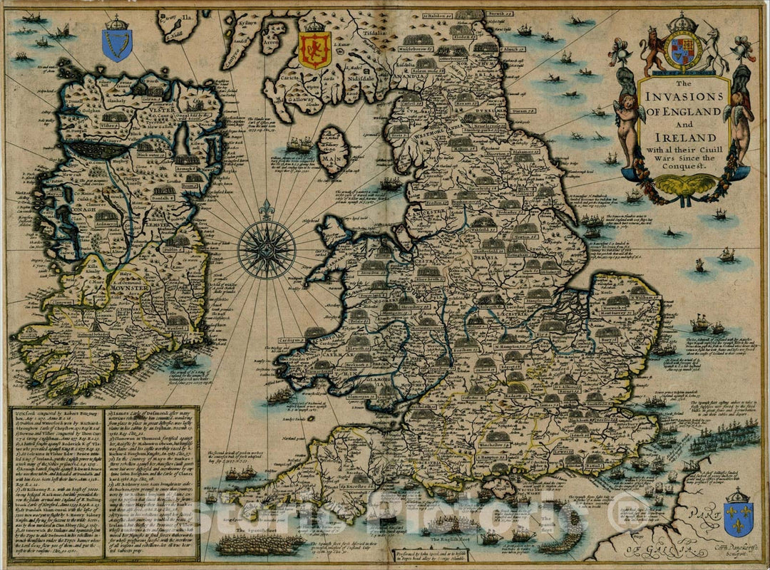 Historic Map : The Invasions of England and Ireland with al their Civill Wars Since the Conquest, 1627, John Speed, Vintage Wall Art