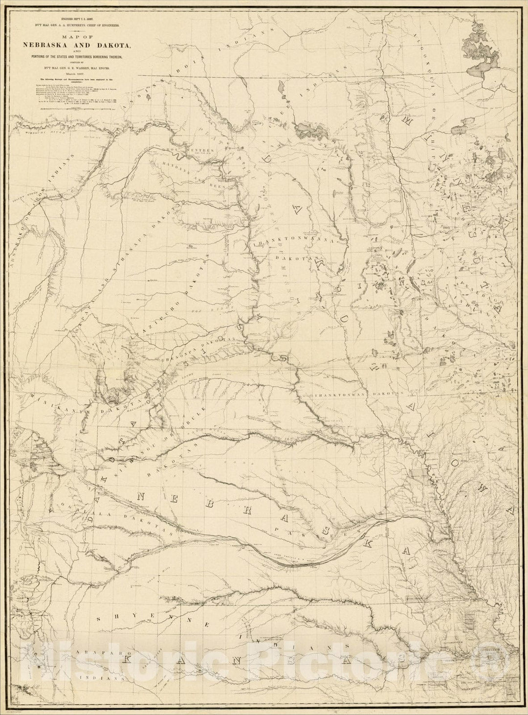 Historic Map : Map of Nebraska and Dakota, and portions of the States and Territories bordering thereon, 1867, G.K. Warren, Vintage Wall Art