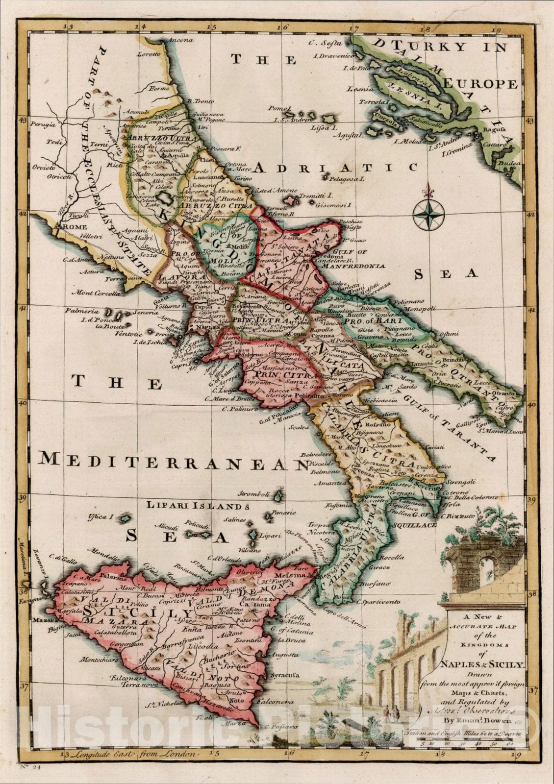 Historic Map : A New & Accurate Map of the Kingdoms of Naples & Sicily, 1744, Emanuel Bowen, Vintage Wall Art