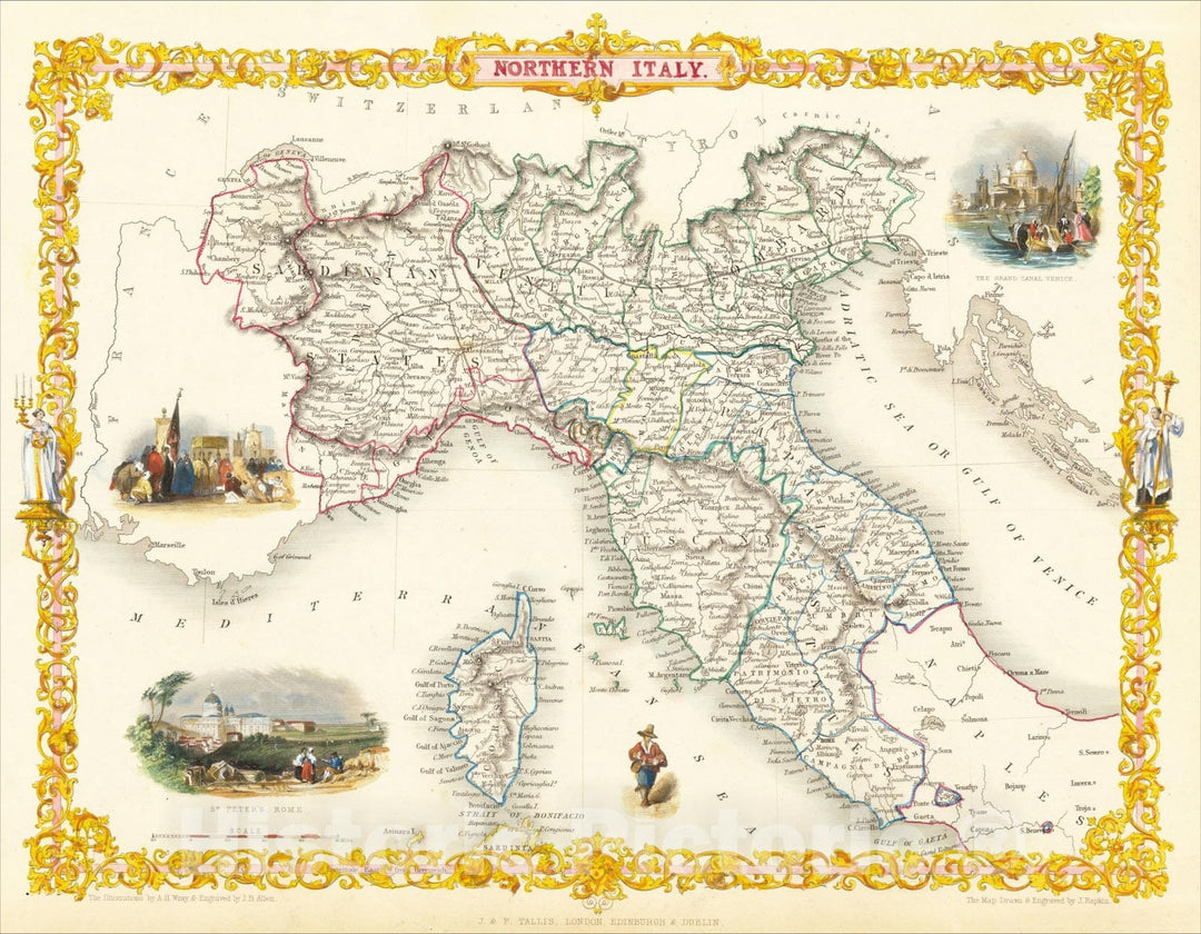 Historic Map : Northern Italy, 1851, John Tallis, v2, Vintage Wall Art