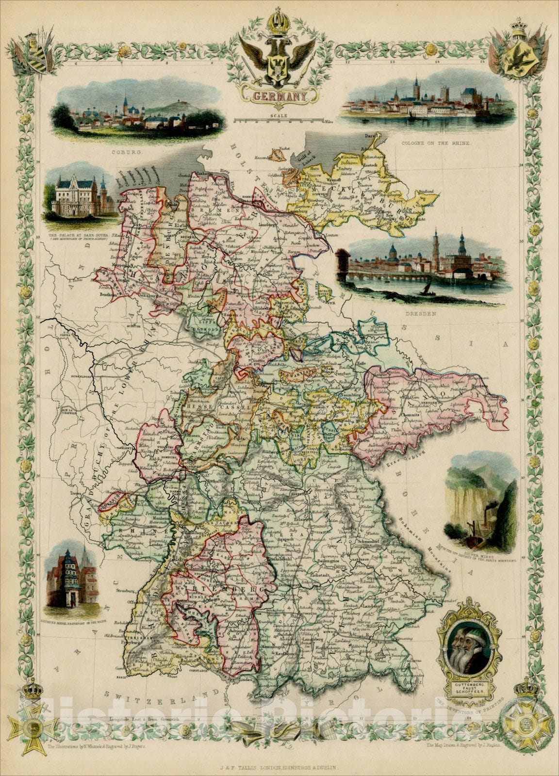 Historic Map : Germany, 1851, John Tallis, v1, Vintage Wall Art