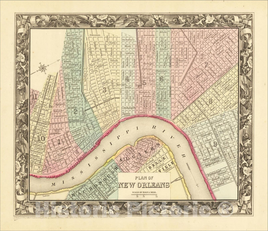 Historic Map : Plan of New Orleans, 1860, Samuel Augustus Mitchell Jr., Vintage Wall Art