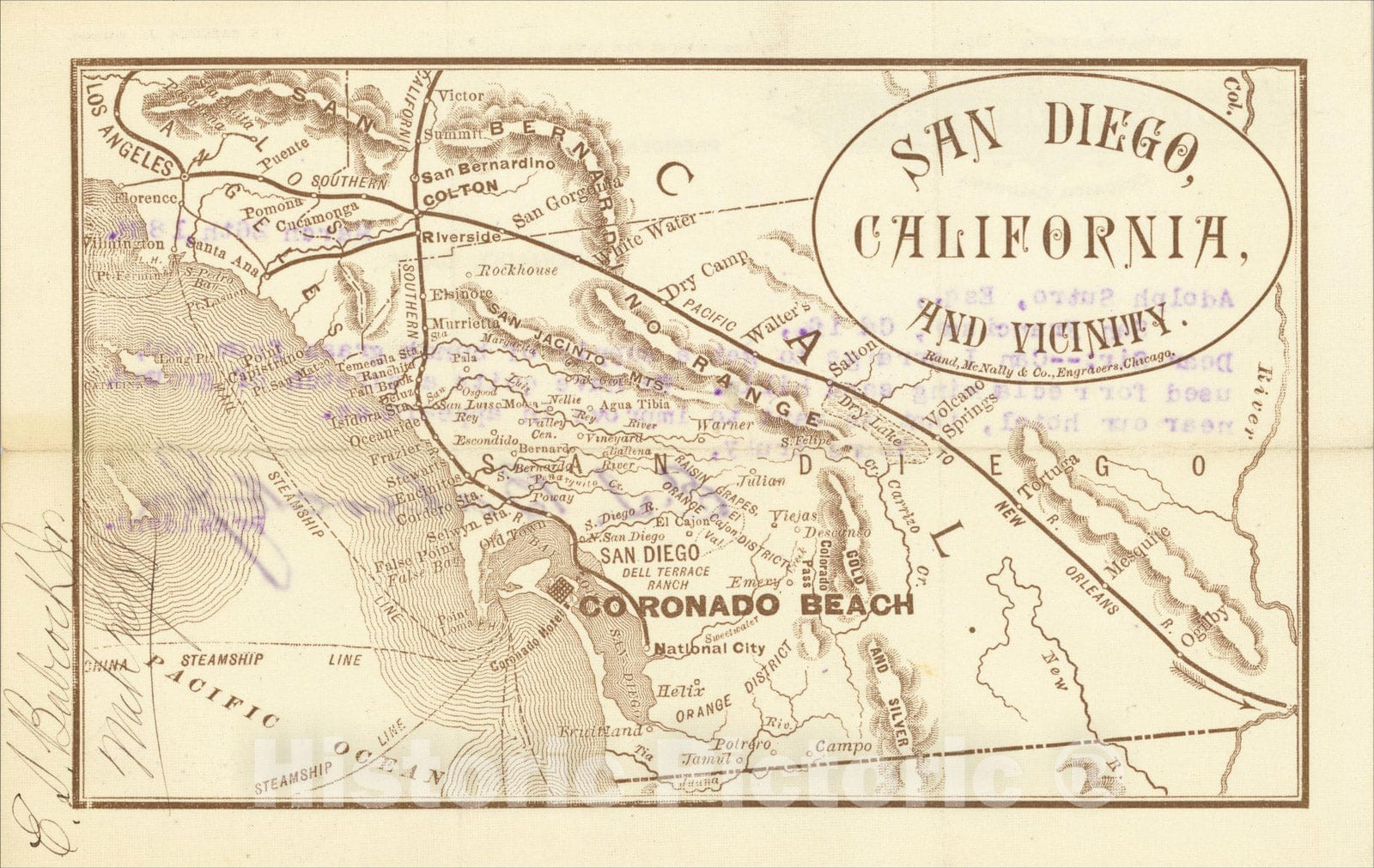 Historic Map : San Diego, California, and Vicinity [Letter from E. S. Babcock to Adolph Sutro], 1888, Rand McNally & Company, Vintage Wall Art