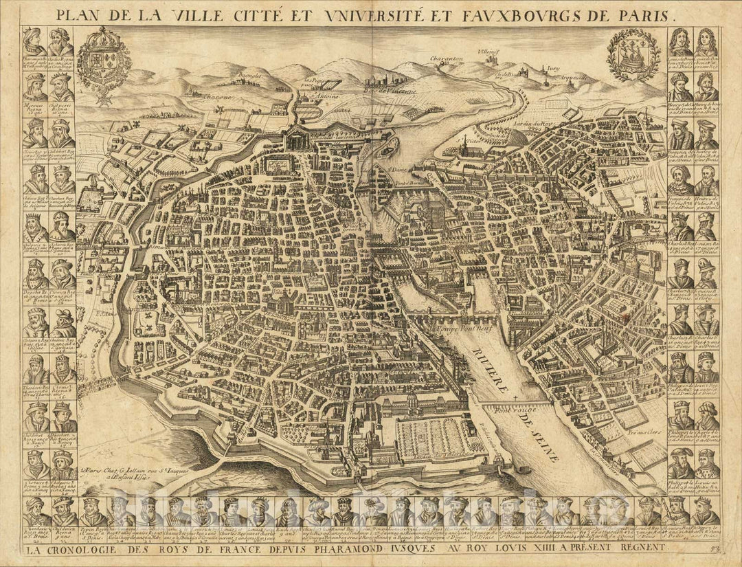 Historic Map : Plan de la Ville Citte et Universite et Fauxbourgs de Paris, c1670, Gerard Jollain, Vintage Wall Art