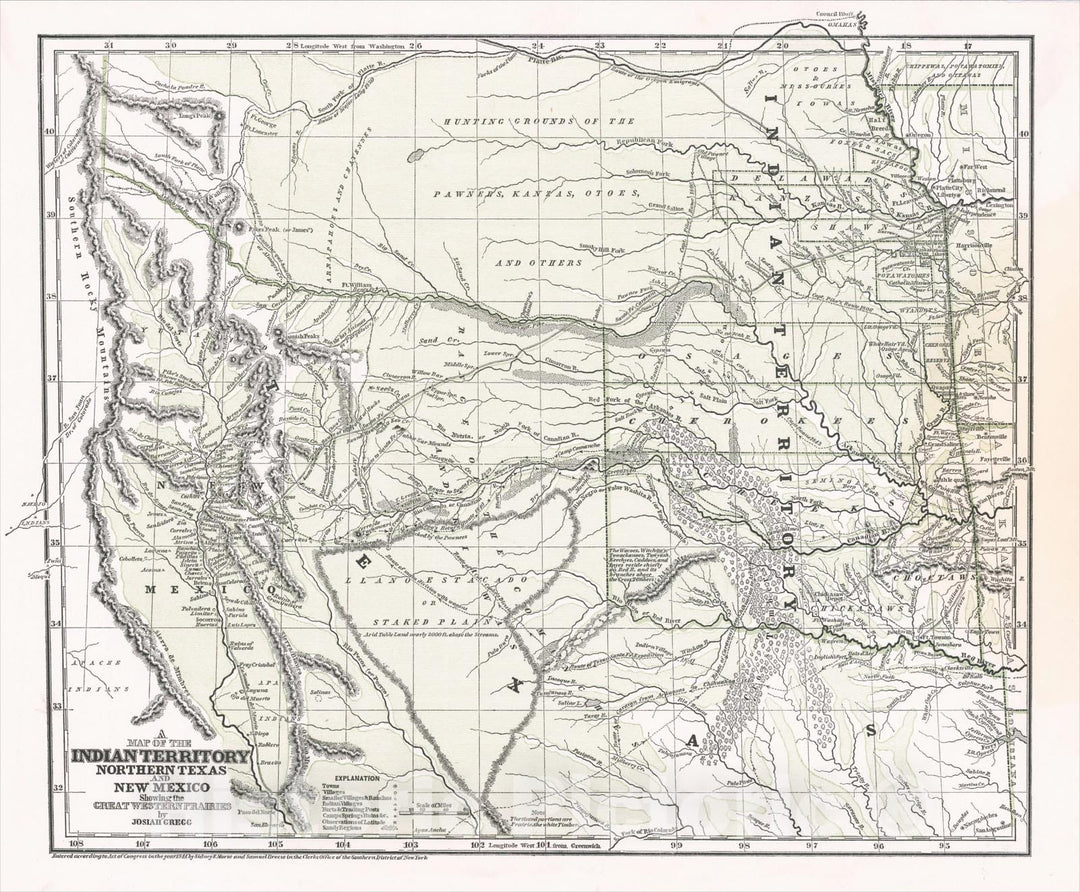 Historic Map : A Map of The Indian Territory, Northern Texas And New Mexico Showing the Great Western Prairies by Josiah Gregg, 1844, Josiah Gregg, v1, Vintage Wall Art