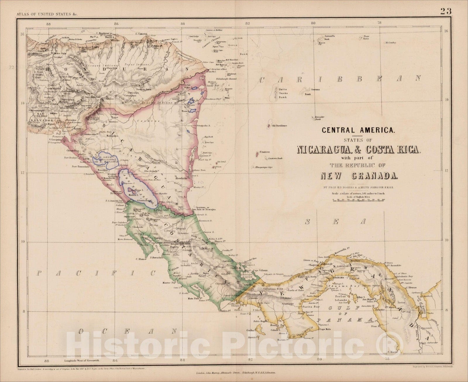 Historic Map : Central America -- States of Nicaragua & Costa Rica with part of the Republic of New Granada, 1857, Henry Darwin Rogers, Vintage Wall Art