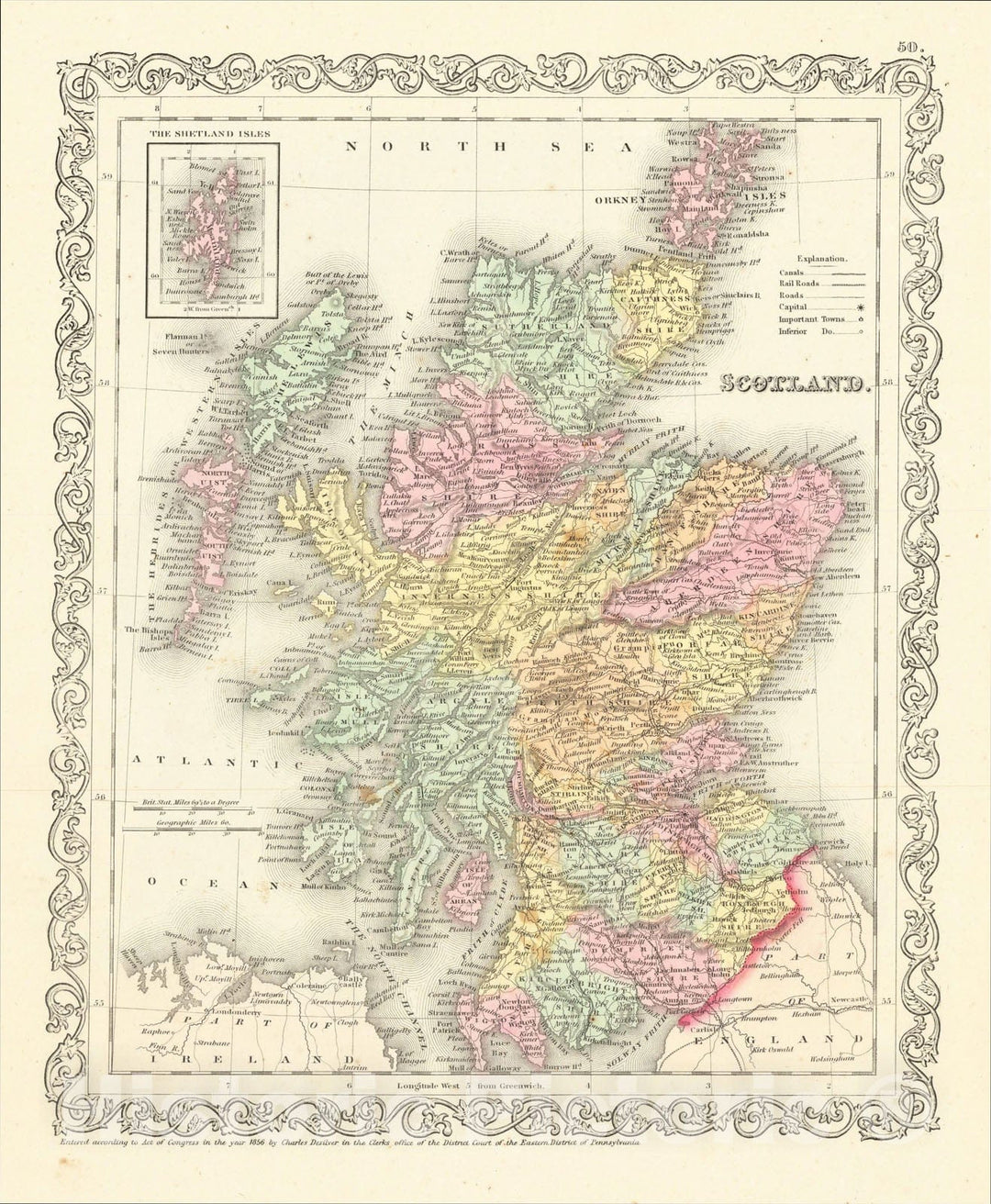 Historic Map : Scotland, 1857, Charles Desilver, Vintage Wall Art