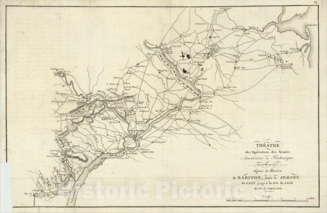 Historic Map : Theatre des Operations des Armess Americaine et Britanique en 1776 et 1777, depuis la Riviere de Rariton, 1807, John Marshall, Vintage Wall Art