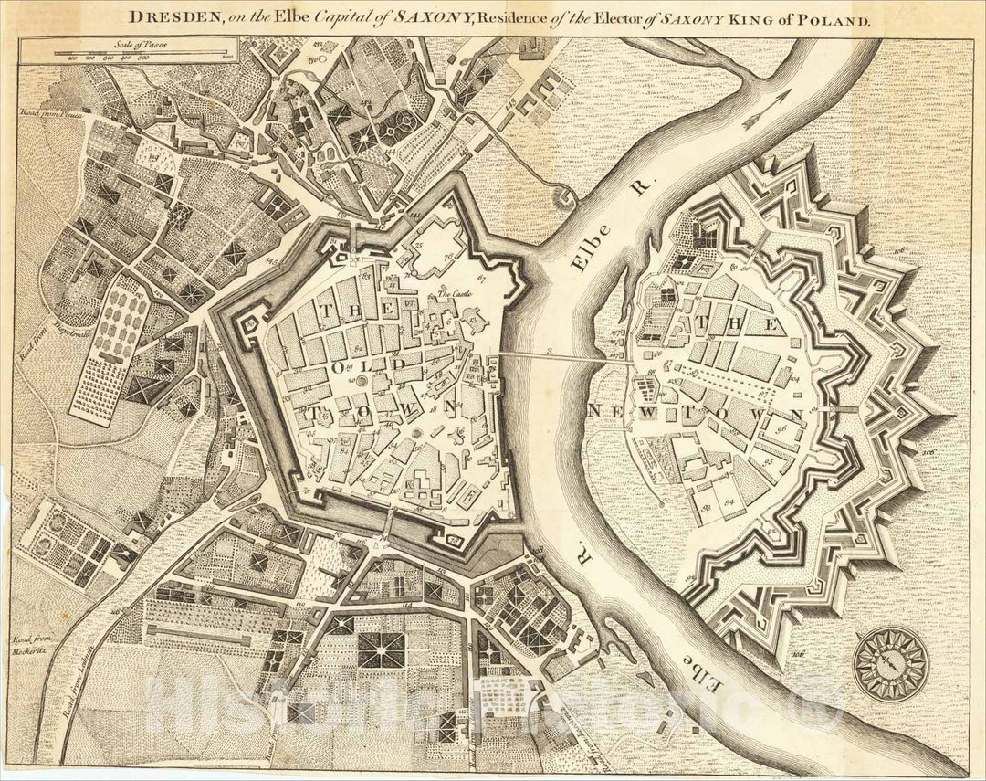 Historic Map : Dresden, on the Elbe, Capital of Saxony, Residence of the Elector of Saxony King of Poland, c1759, Universal Magazine, Vintage Wall Art