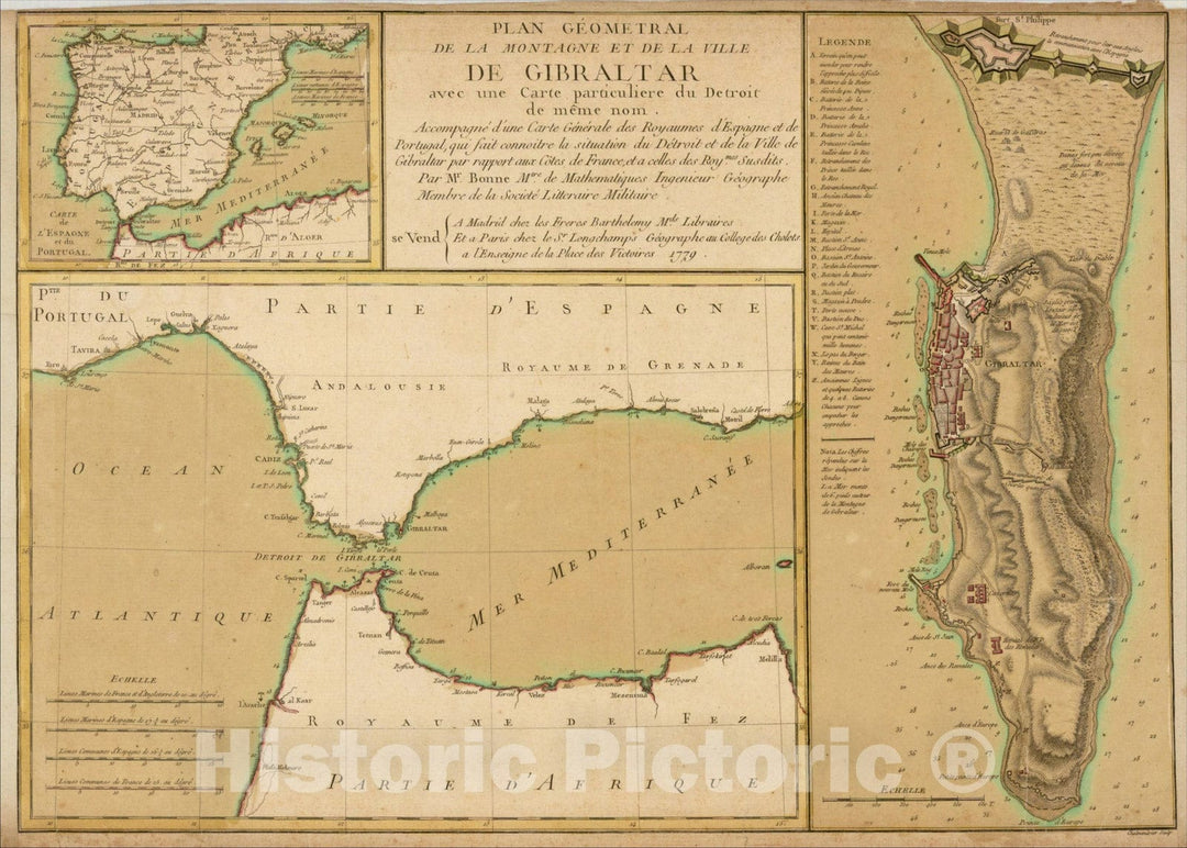 Historic Map : Great Siege of Gibraltar, 1779-1783, 1779, Rigobert Bonne, Vintage Wall Art