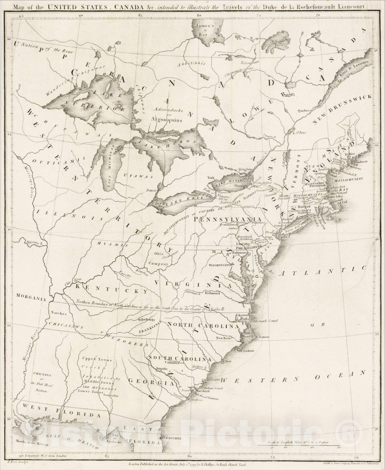 Historic Map : [Franklinia] Map of the United States, Canada &c. intended to illustrate the Travels of the Duke de la Rochefoucault Liancourt, 1799, Vintage Wall Art