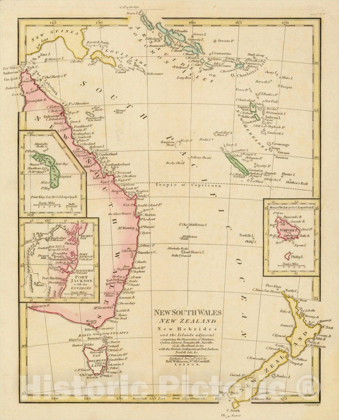 Historic Map : New South Wales, New Zealand, New Hebrides and the Islands Adjacent, 1808, Robert Wilkinson, v1, Vintage Wall Art