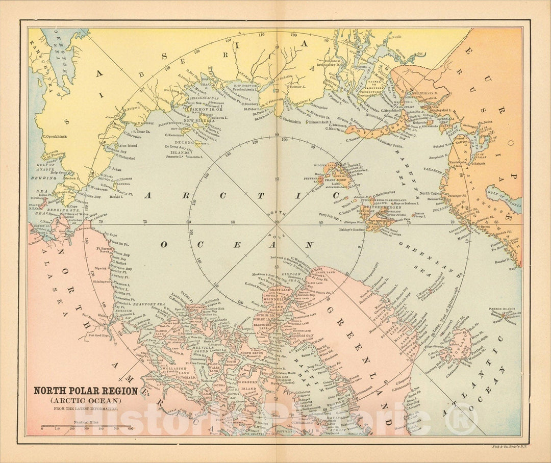 Historic Map : North Polar Region (Arctic Ocean) From Latest Information, c1885, , Vintage Wall Art