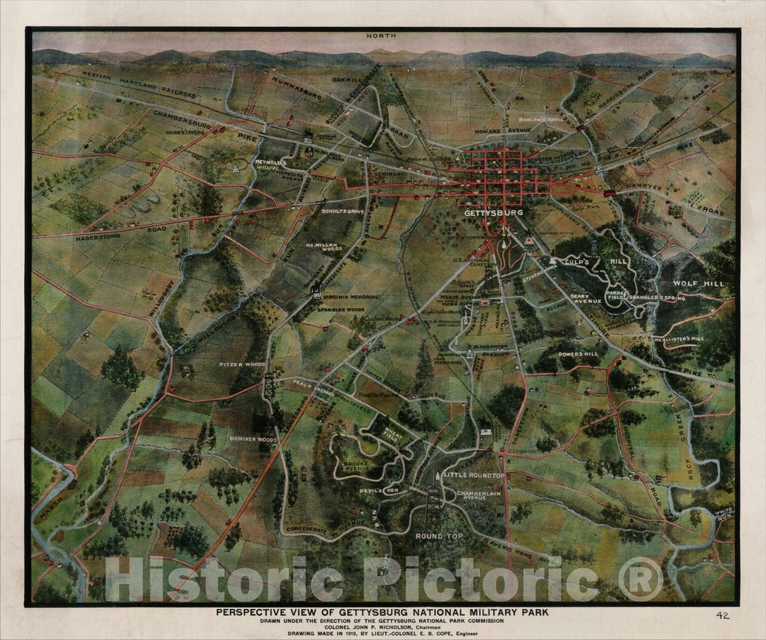 Historic Map : Perspective View of Gettysburg National Military Park Drawn Under The Direction of the Gettysburg National Park Commission, 1919., 1919, , Vintage Wall Art