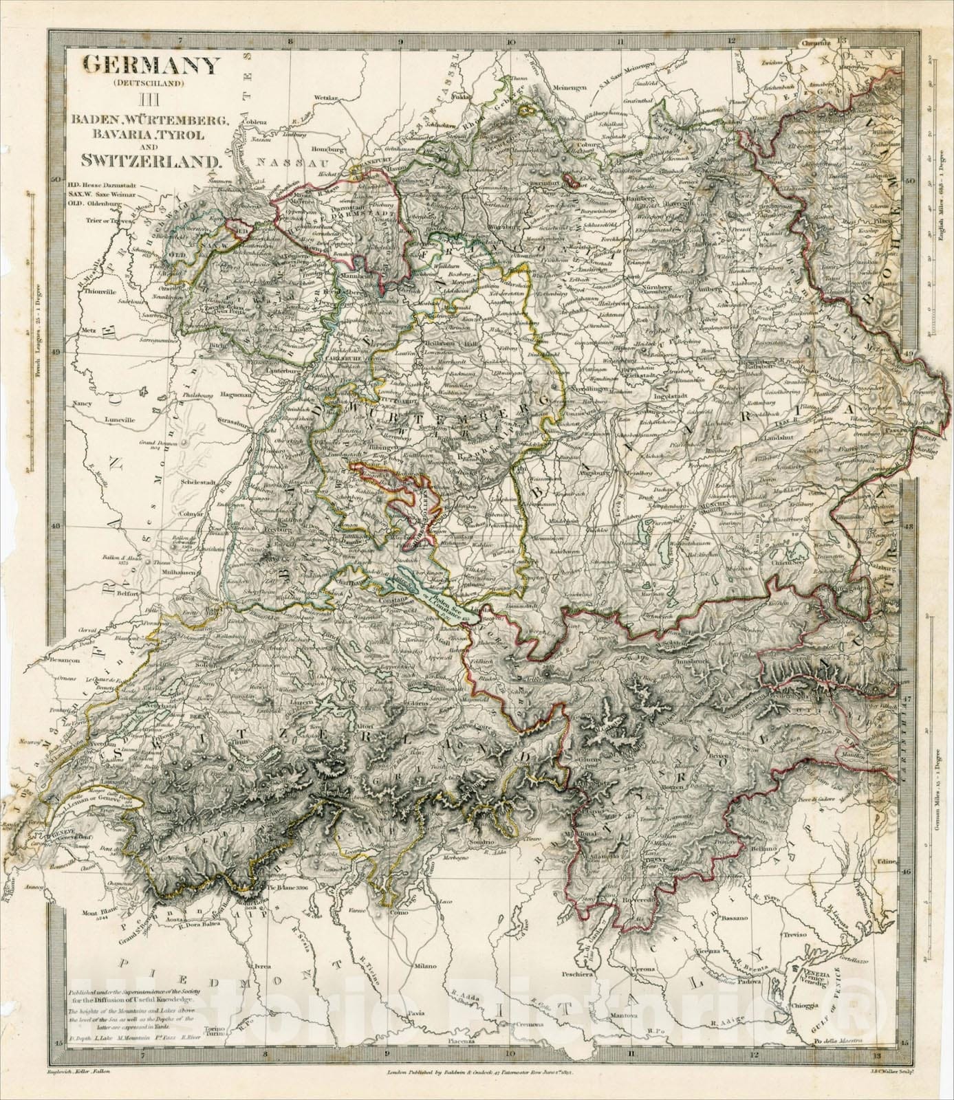 Historic Map : Germany III BAden, Wurtemberg, Bavaria, Tyrol and Switzerland, 1838, SDUK, Vintage Wall Art