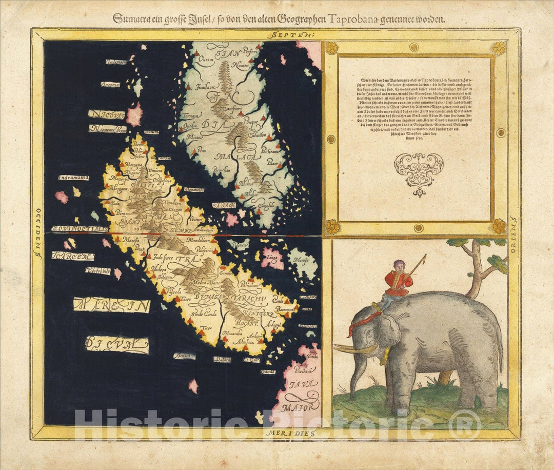 Historic Map : (Singapore, Sumatra, Malaysia, Straits of Malacca) Sumatra Ein Grosse Insel, So Von Den alten Geographen Taprobana, c1580, Sebastian M?nster, Vintage Wall Art