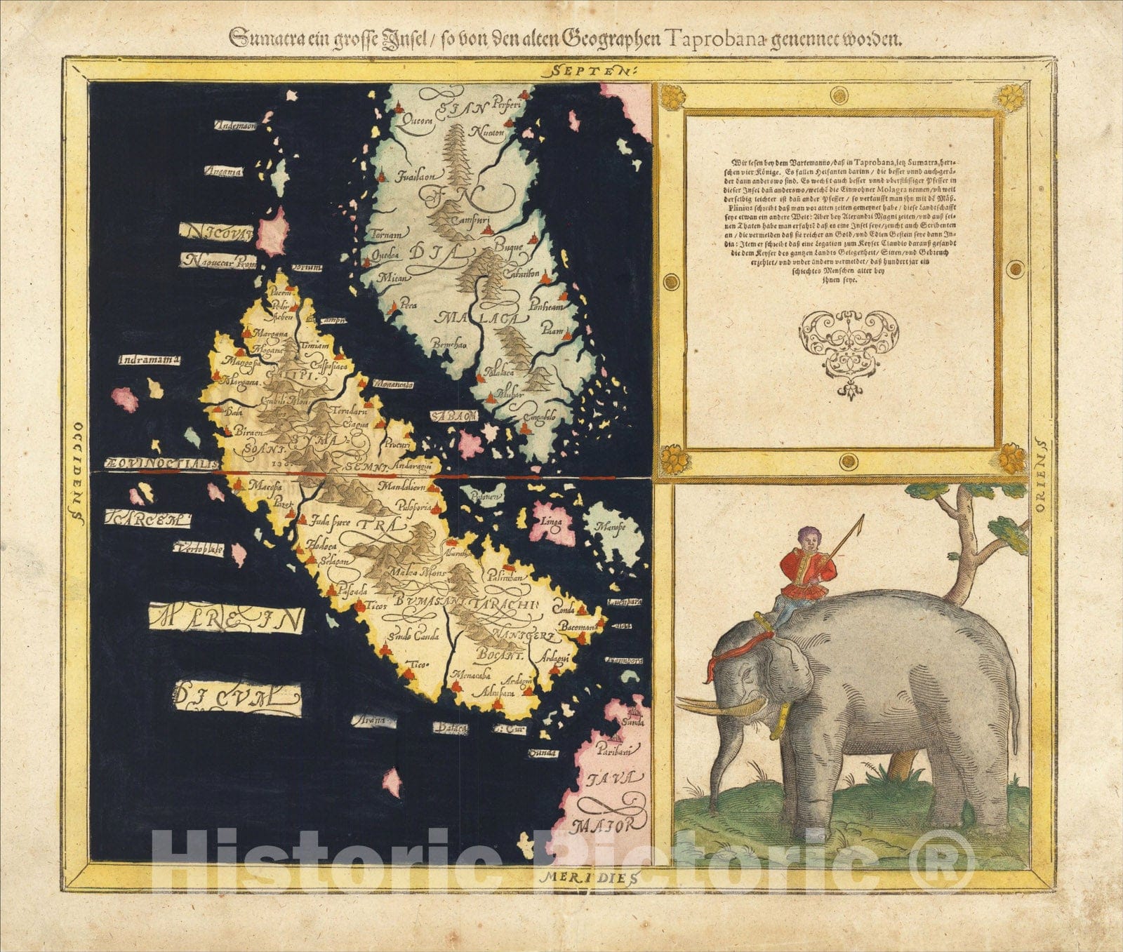 Historic Map : (Singapore, Sumatra, Malaysia, Straits of Malacca) Sumatra Ein Grosse Insel, So Von Den alten Geographen Taprobana, c1580, Sebastian M?nster, Vintage Wall Art