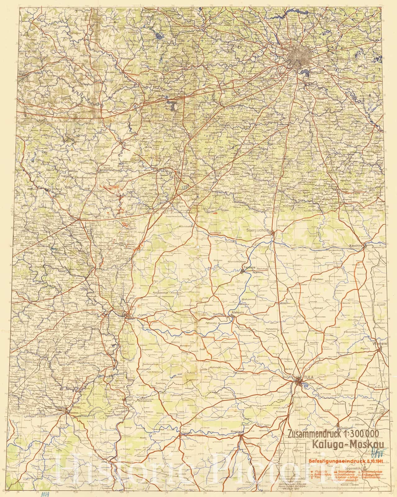 Historic Map : (Second World War - Battle of Moscow) Zusammendruck 1:300 000 Kaluga-Moskau Befestigungseindruck 8.10.1941, 1941, Anonymous, Vintage Wall Art