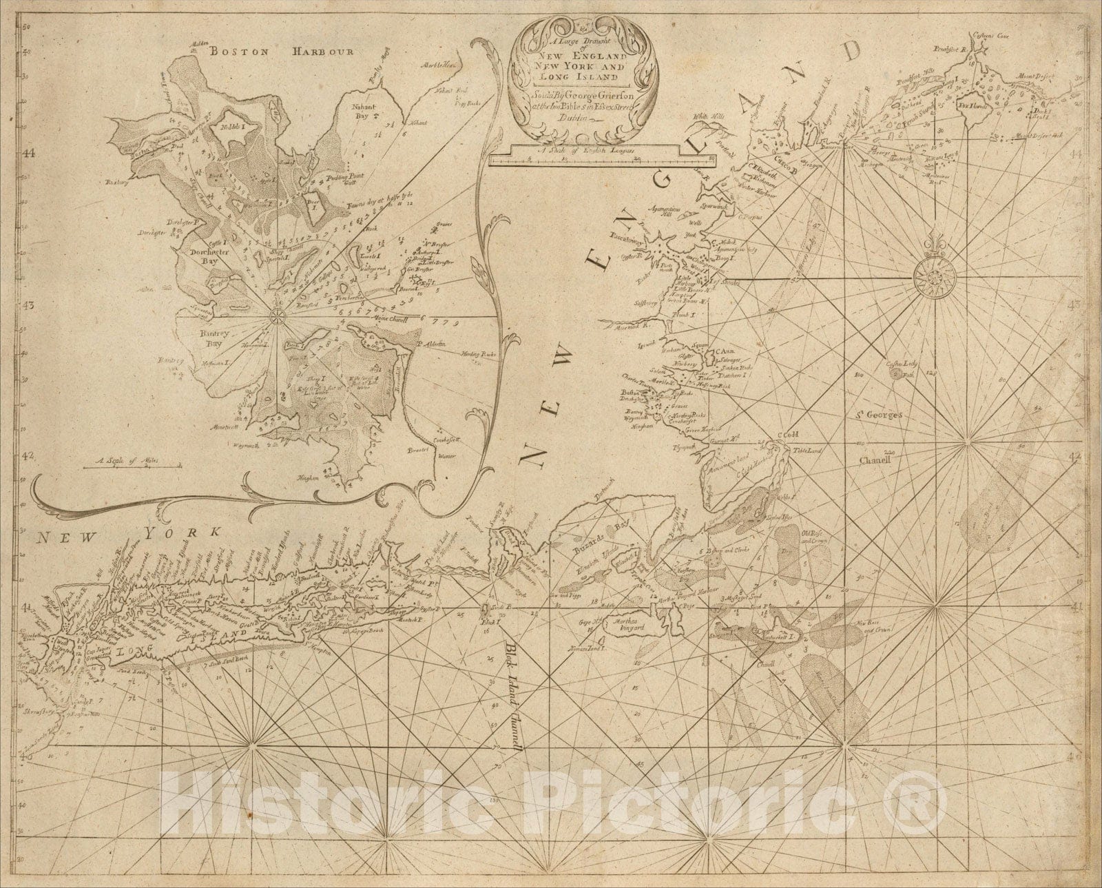 Historic Map : A Large Draught of New England New York and Long Island -- Sold By George Grierson at the two Bibles in Esses Street Dublin, 1749, Vintage Wall Art