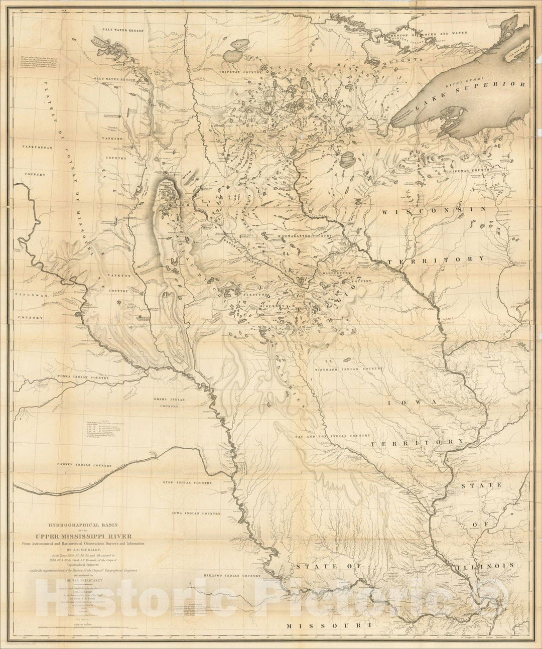 Historic Map : Hydrographical Basin of the Upper Mississippi River from Astronomical and Barometrical Observations Surveys, 1845, , Vintage Wall Art