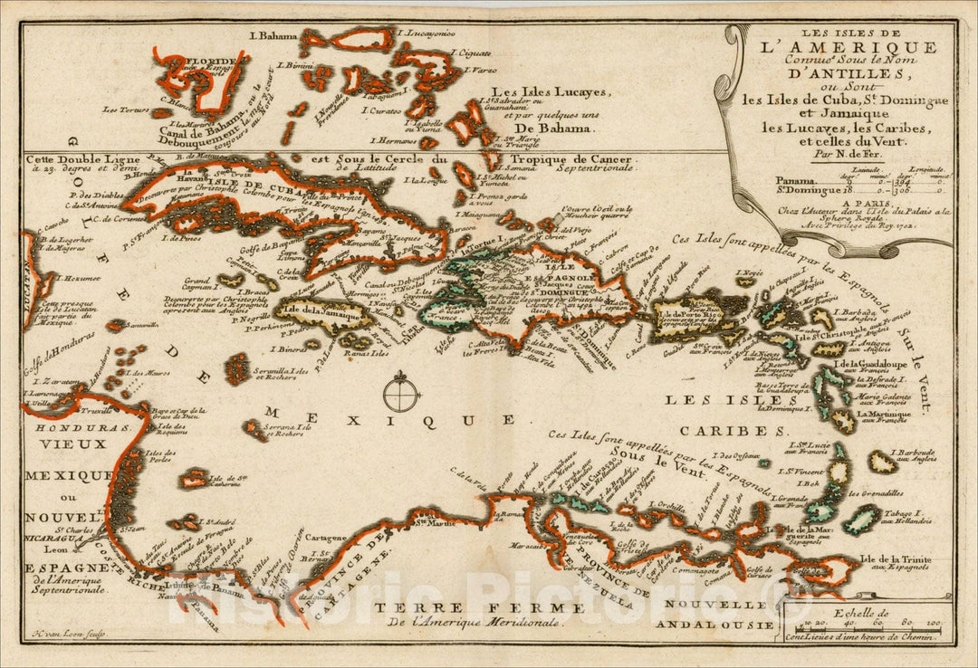 Historic Map : Les Isles De L'Amerique Connues Sous le Nom D'Antilles, ou Sont les Isles de Cuba, St. Domingue et Jamaique les Lucayes, les Caribes, 172, 1702, Vintage Wall Art