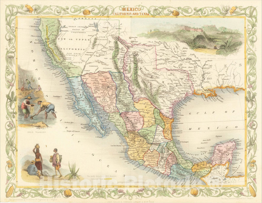 Historic Map : Mexico, California and Texas (with Gold Rush Vignette), 1851, John Tallis, v1, Vintage Wall Art